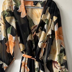 Kate and Lily 14W Lined Floral Wrap Dress with Orange and Green Accents
